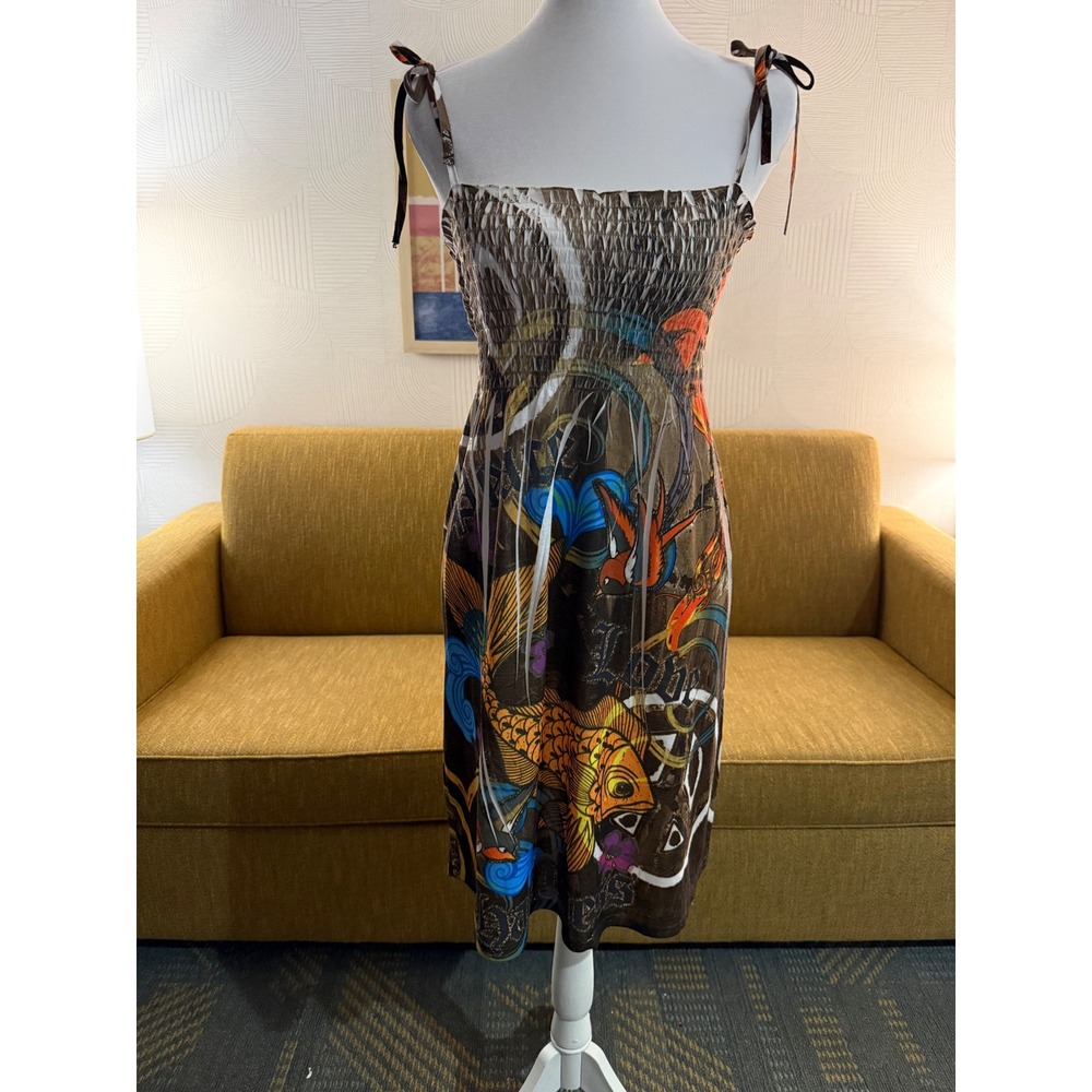 Tiki Palm Womens Y2K Koi Fish Peace Graphic Smocked Mini Dress Brown Medium